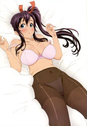 1girl absurdres amaya_haruko belly black_hair blue_eyes blush bra breasts cleavage hair_ribbon highres large_breasts long_hair lying maken-ki! navel non-web_source nyantype official_art on_back panties panties_under_pantyhose pantyhose ponytail ribbon scan see-through solo strap_slip takami_akio thighhighs underwear underwear_only rating:Questionable score:121 user:arutos