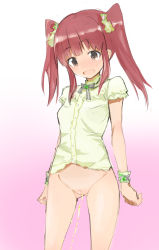 1girl arm_at_side blush bottomless bow breasts brown_eyes caburi_aki cleft_of_venus embarrassed female_focus gradient_background hair_ornament hair_scrunchie idolmaster idolmaster_cinderella_girls long_hair ogata_chieri open_mouth peeing pink_background pussy red_hair scrunchie shirt solo standing twintails uncensored wavy_mouth white_background wrist_scrunchie rating:Explicit score:57 user:sytalidis