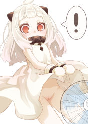 ! 10s 1girl 54hao abyssal_ship ahoge bad_id bad_pixiv_id blush caught cleft_of_venus clothes_lift covered_mouth cowboy_shot dress dress_lift electric_fan fanning_crotch flat_chest highres horns kantai_collection loli long_hair looking_at_viewer mittens no_panties northern_ocean_princess pale_skin pussy red_eyes simple_background sleeveless sleeveless_dress solo spoken_exclamation_mark white_background white_dress white_hair wide-eyed rating:Explicit score:120 user:danbooru