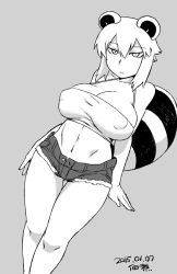 1girl 2015 animal_ears araiguma-san bare_shoulders breasts cleavage cowboy_shot curvy cutoffs dated denim denim_shorts covered_erect_nipples expressionless grey_background greyscale large_breasts midriff monochrome navel original raccoon_ears raccoon_tail short_hair short_shorts shorts signature solo standing strapless tail taut_clothes thigh_gap tsukudani_(coke-buta) tube_top wide_hips rating:Questionable score:41 user:danbooru