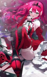  1girl absurdres ass baobhan_sith_(fate) baobhan_sith_(first_ascension)_(fate) bare_shoulders boots breasts checkered_floor detached_sleeves dress earrings falling_petals fangs fate/grand_order fate_(series) frilled_dress frills grey_eyes hair_ornament hand_up high_heel_boots high_heels highres jewelry knees_up lace lace-trimmed_legwear lace_trim long_hair long_sleeves looking_at_viewer medium_breasts nail_polish open_mouth petals pink_hair platform_footwear platform_heels pointy_ears red_dress red_footwear red_nails sitting skin_fangs solo thigh_boots white_petals yur1ca 