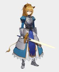  1girl absurdres animal_ear_fluff animal_ears arknights armor armored_dress artoria_pendragon_(fate) blue_dress brown_hair commentary cosplay dress excalibur_(fate/stay_night) fate/stay_night fate_(series) full_body highres holding holding_sword holding_weapon jason_kim juliet_sleeves kawasumi_ayako lion_ears lion_girl lion_tail long_sleeves looking_at_viewer plate_armor ponytail puffy_sleeves saber_(fate) saber_(fate)_(cosplay) sidelocks siege_(arknights) simple_background solo sword tail weapon white_background 