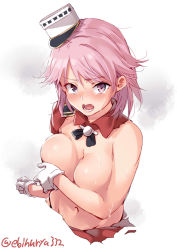 1girl breasts crying crying_with_eyes_open ebifurya giuseppe_garibaldi_(kancolle) gloves hair_between_eyes hat highres kantai_collection large_breasts looking_at_viewer mini_hat navel no_bra one-hour_drawing_challenge pink_eyes pink_hair short_hair simple_background smoke solo tears torn_clothes twitter_username white_background white_gloves rating:Questionable score:11 user:danbooru