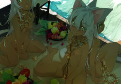 3girls animal_ears arched_back arm_support back-to-back bare_legs barefoot bowl cat_ears cat_tail chestnut_mouth dark-skinned_female dark_skin feet flat_chest flower flower_necklace food from_above fruit fruit_bowl grapes green_eyes hair_between_eyes jewelry legs lei loli long_hair looking_up maruku multiple_girls necklace nipples nude open_mouth original petite pussy shade siblings sisters sitting small_nipples smile star-shaped_food star_(symbol) starfruit tail toes triplets tropic wariza water white_hair rating:Explicit score:264 user:danbooru