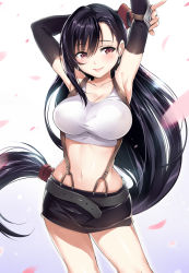 1990s_(style) 1girl armpits arms_up bad_id bad_pixiv_id black_hair breasts cleavage crop_top earrings elbow_gloves final_fantasy final_fantasy_vii fingerless_gloves gloves groin highres jewelry large_breasts lips long_hair looking_away low-tied_long_hair md5_mismatch midriff miniskirt navel ponytail red_eyes retro_artstyle senri_gan shirt skirt smile solo suspender_skirt suspenders taut_clothes taut_shirt tifa_lockhart very_long_hair rating:Sensitive score:90 user:danbooru