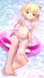  1girl animal_ears barefoot bikini bikini_skirt bikini_top_lift blonde_hair blush breasts cat_ears clothes_lift fairy_wings fake_animal_ears feet female_focus foot_focus full_body green_eyes groin hair_ornament hairclip highres innertube legs lifted_by_self loli looking_at_viewer miniskirt navel nipples one_breast_out original outdoors pink_bikini pink_skirt polka_dot polka_dot_bikini pool ribbon scrunchie short_hair side_ponytail sitting skirt small_breasts soles solo swim_ring swimsuit thighs toes water wings yuzu_project  rating:Questionable score:73 user:danbooru