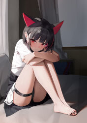  1girl absurdres animal_ears bare_legs barefoot belt black_cardigan black_hair black_nails black_panties blue_archive blush cardigan cardigan_around_waist cat_ears clothes_around_waist crossed_arms earclip earrings extra_ears feet highres hugging_own_legs indoors jewelry kazusa_(band)_(blue_archive) kazusa_(blue_archive) knees_up liwen520 looking_at_viewer multicolored_hair nail_polish no_halo official_alternate_costume panties pantyshot pink_hair shirt sitting solo stud_earrings thigh_belt thigh_strap thighs toenail_polish toenails toes two-tone_hair underwear white_shirt 