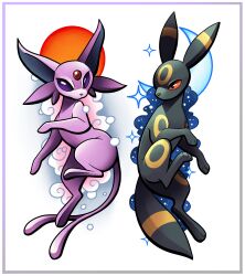 black_eyes cloud colored_sclera creatures_(company) espeon forehead_jewel forked_tail game_freak gen_2_pokemon markings moon nintendo no_humans pokemon pokemon_(creature) purple_eyes purple_hair red_sclera shaggiarts sidelocks simple_background sun tail umbreon white_background
