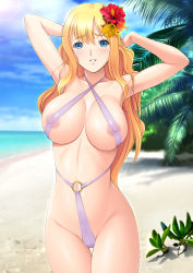  1girl areola_slip arms_behind_head arms_up beach bikini blonde_hair blue_eyes blush breasts cameltoe cleft_of_venus cloud covered_erect_nipples day dragon@harry flower hair_flower hair_ornament hibiscus highres large_breasts lens_flare long_hair looking_at_viewer navel nipples o-ring o-ring_swimsuit original outdoors parted_lips see-through shiny_skin sky slingshot_swimsuit solo swimsuit thigh_gap water wavy_hair  rating:Questionable score:97 user:danbooru