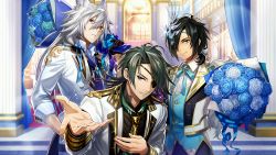  3boys alternate_costume black_hair blue_eyes bouquet buttons eyepatch flower formal green_hair hair_between_eyes hair_ornament hair_over_one_eye highres loki_(valkyrie_connect) long_hair long_sleeves lupus_(valkyrie_connect) multiple_boys non-web_source official_art reaching reaching_towards_viewer red_eyes skirnir smile valkyrie_connect white_hair  rating:Sensitive score:2 user:ZenebasFury