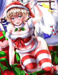 1girl alternate_costume bell bikini blonde_hair blush bow cameltoe candy candy_cane commentary_request curtains flat_chest food full_body full_moon fur-trimmed_bikini fur_trim gift green_eyes hair_between_eyes hat heart highres holding holding_sack holly indoors looking_at_viewer midriff mizuhashi_parsee moon navel neck_bell night open_mouth pointy_ears red_bikini red_bow red_thighhighs sack santa_bikini santa_hat short_hair slit_pupils smile solo striped_clothes striped_thighhighs swimsuit thighhighs touhou white_thighhighs window zan_(harukahime)