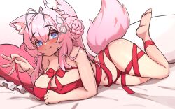  1girl animal_ears bad_anatomy barefoot bebatch bed blue_eyes blush braid breasts closed_mouth dot_nose eyebrows eyelashes female_focus foot_up full_body hakui_koyori hand_up hololive holox large_breasts long_hair looking_at_viewer lying naughty_face navel on_bed on_stomach pink_hair presenting revealing_clothes reversed_foot smile solo tail thighs virtual_youtuber wide_hips wolf_ears wolf_girl wolf_tail 