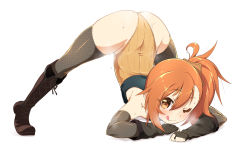  1girl :p arched_back arm_rest black_footwear blush brown_leotard closed_mouth eyebrows female_focus fishnet_armwear flexible full_body hands_on_ground highres hime_cut jack-o&#039;_challenge leotard loli looking_at_viewer meme misogi_(princess_connect!) nekono_matatabi one_eye_closed orange_hair princess_connect! ribbed_leotard side_ponytail simple_background smile solo spread_legs steam stretching sweat tongue tongue_out top-down_bottom-up white_background wink  rating:Questionable score:289 user:danbooru