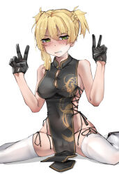  1girl absurdres alternate_costume artist_name asymmetrical_hair black_dress black_gloves breasts china_dress chinese_clothes commentary covered_navel cross-laced_clothes cross-laced_dress dress embarrassed girls&#039;_frontline gloves green_eyes highres medium_breasts nym+_(nymplus) panties short_hair side-tie_panties sitting solo thighhighs underwear wariza welrod_mkii_(girls&#039;_frontline) white_background white_thighhighs  rating:Sensitive score:7 user:danbooru