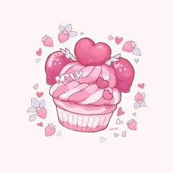  character_food character_name commentary_request cupcake dessert food food_focus fruit heart milk_(pop&#039;n_music) no_humans nonokusu_(no2xnox) pink_background pink_theme pop&#039;n_music signature simple_background strawberry 