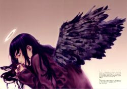  1girl abe_yoshitoshi absurdres angel angel_wings black_hair closed_eyes crease feathered_wings gradient_background haibane_renmei halo highres interlocked_fingers long_hair long_sleeves lying non-web_source own_hands_clasped own_hands_together parted_lips reki_(haibane) scan sleeping solo translation_request wings 
