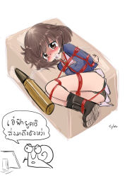 10s 1girl akiyama_yukari ball_gag bdsm blush bondage bound box brown_eyes brown_hair crying crying_with_eyes_open cyber_(cyber_knight) gag gagged girls_und_panzer in_box in_container loli panties pantyshot school_uniform short_hair simple_background solo tears thai_text translation_request underwear x-ray rating:Questionable score:23 user:danbooru