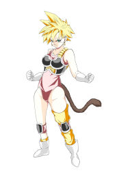  1girl blonde_hair blue_eyes boots clenched_hands commentary_request dragon_ball dragon_ball_(classic) earrings artistic_error gloves graphite_(medium) jewelry leotard mechanical_pencil monkey_tail nontan0825 pencil pink_leotard saiyan_armor seripa short_hair simple_background single_thighhigh solo spiked_hair super_saiyan super_saiyan_1 tail thighhighs traditional_media white_background white_footwear white_gloves 