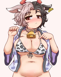  1girl animal_ear_fluff animal_ears animal_print bell bikini bikini_top_only bikini_tug black_hair blush bottomless breasts brown_collar cleavage closed_mouth collar collarbone commentary_request convenient_censoring covered_erect_nipples cow_ears cow_horns cow_print cow_print_bikini cowbell cowboy_shot ear_tag english_text front-tie_bikini_top front-tie_top grey_hair half-closed_eyes highres horns jacket kigan&#039;eiji large_breasts light_frown multicolored_hair navel nose_blush open_clothes open_jacket print_bikini red_eyes red_horns short_hair simple_background solo split-color_hair swimsuit touhou ushizaki_urumi wavy_hair wide_sleeves  rating:Questionable score:11 user:danbooru