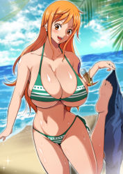  1girl artist_request beach bikini blush breasts cleavage denim feet highres jeans large_breasts legs long_hair nami_(one_piece) navel ocean one_piece open_mouth orange_eyes orange_hair pants smile solo swimsuit tattoo thighs underboob undressing water  rating:Sensitive score:55 user:spk