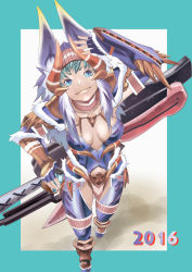  10s 1girl 2016 aqua_hair arm_up armor axe blue_eyes boots breasts breasts_apart capcom character_request cup drinking_glass drinking_straw fingerless_gloves from_above gateofrage gauntlets gloves helmet highres holding holding_cup holding_drinking_glass huge_weapon looking_at_viewer medium_breasts monster_hunter_(series) smile solo switch_axe walking weapon weapon_on_back 