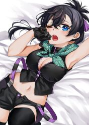  1girl ;o absurdres arm_up armpits bandana bandana_around_neck black_gloves black_hair black_shirt black_shorts black_thighhighs blue_eyes breasts cleavage commentary_request crop_top dorobou-chan dutch_angle folded_ponytail gloves green_bandana hair_between_eyes hair_ribbon hand_to_own_mouth highres hitotose_hirune large_breasts looking_at_viewer lying midriff navel nemukata_(dorobou-chan) one_eye_closed open_mouth partially_unzipped purple_ribbon ribbon shirt short_shorts shorts sleeveless sleeveless_shirt solo spiral_print teeth thighhighs upper_teeth_only 