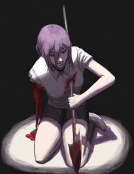  1girl black_shorts blood blood_from_mouth bloody_weapon breasts chainsaw_man commentary full_body highres impaled missing_limb nosebleed polearm polo_shirt purple_hair reze_(chainsaw_man) seiza shirt short_shorts shorts sitting small_breasts solo spear titann weapon white_shirt 