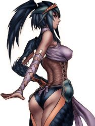  1girl arm_behind_back armor ass back bare_shoulders black_hair blue_hair breasts capcom covered_erect_nipples curvy dark-skinned_female dark_skin detached_sleeves fishnets from_behind fumio_(rsqkr) hairband halterneck hand_on_own_hip large_breasts long_hair looking_at_viewer looking_back monster_hunter_(series) nargacuga_(armor) red_eyes sash scrunchie see-through sidelocks sketch solo standing teeth turtleneck  rating:Questionable score:104 user:danbooru