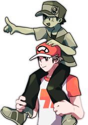  2boys age_progression baseball_cap brown_eyes carrying child creatures_(company) game_freak hands_on_another&#039;s_leg hat highres in-franchise_crossover jacket male_focus multiple_boys nintendo open_mouth pants pointing pokefia pokemon pokemon_rgby pokemon_sm red_(pokemon) red_headwear shirt shoes short_hair short_sleeves shoulder_carry simple_background smile sneakers sugimori_ken_(style) t-shirt white_background 