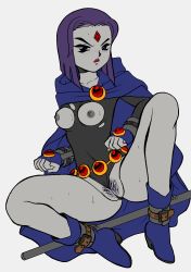  bdsm blush bondage bound breasts cameltoe cape cleft_of_venus colored_pubic_hair colorized dc_comics fat_mons highres medium_breasts nipples pubic_hair raven_(dc) spreader_bar teen_titans uncensored wingbird 