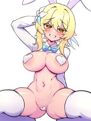  1girl alternate_breast_size alternate_costume animal_ears areola_slip arm_at_side arm_behind_head arm_up ass bebatch blonde_hair blue_bow blue_bowtie blush bow bowtie breasts cleavage dot_nose embarrassed eyebrows eyelashes fake_animal_ears feet_out_of_frame female_focus genshin_impact grin heart_maebari heart_pasties large_breasts leotard long_sleeves looking_at_viewer lumine_(genshin_impact) maebari meme_attire navel nervous nervous_smile pasties playboy_bunny rabbit_ears reverse_bunnysuit reverse_outfit short_hair_with_long_locks shrug_(clothing) sidelocks simple_background smile solo squatting teeth thick_thighs thighhighs thighs white_background white_pasties white_shrug white_thighhighs yellow_eyes 