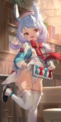  1girl animal_ears blue_bow blue_hair bookshelf bow buttons clothes_lift dress dress_lift female_focus fuyouchu genshin_impact gloves groin highres lifting_own_clothes loli long_sleeves looking_at_viewer low_twintails open_mouth pink_eyes red_bow red_ribbon ribbon sigewinne_(genshin_impact) smile solo standing standing_on_one_leg striped_ribbon thighhighs thighs twintails white_gloves white_headwear  rating:Sensitive score:148 user:danbooru