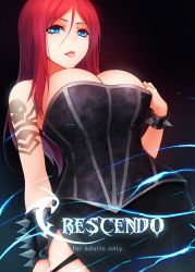  1girl bare_shoulders blue_eyes breasts bursting_breasts cleavage cover cover_page female_focus highres large_breasts league_of_legends long_hair looking_at_viewer low_neckline pentakill_(league_of_legends) pentakill_sona red_hair ricegnat simple_background smile solo sona_(league_of_legends) spikes tattoo tongue tongue_out  rating:Sensitive score:168 user:danbooru