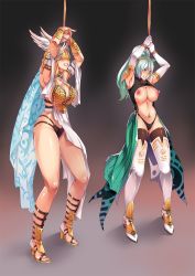  2girls armor armpits arms_up athena_(musou_orochi) bare_hips belt black_legwear black_panties blonde_hair boots bound bound_wrists breasts breasts_out chainmail clenched_teeth elbow_gloves full_body gloves gold_trim green_hairband hair_between_eyes hairband head_wings helmet high_heel_boots high_heels highres jewelry large_areolae large_breasts long_hair multiple_girls musou_orochi musou_orochi_2 musou_orochi_3 neck_ring nipples nu_wa panties puffy_nipples restrained revealing_clothes shinkaui silver_hair standing tecmo teeth thigh_boots thighhighs thighhighs_under_boots underwear white_footwear wings  rating:Questionable score:49 user:danbooru