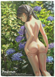  1girl absurdres alphonse_(white_datura) anus ass ass_grab black_hair braid censored cleft_of_venus closed_mouth completely_nude dated deep_skin english_text eyebrows feet_out_of_frame female_focus flat_chest flower from_behind grabbing_own_ass half-closed_eyes highres hydrangea kneepits legs_together loli long_hair mosaic_censoring nipples nude original profile pussy realistic shiny_skin solo spread_ass standing twin_braids wet  rating:Explicit score:1254 user:danbooru