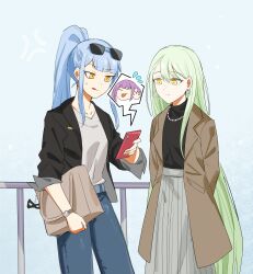  2girls absurdres alternate_hairstyle anger_vein arms_behind_back bag bang_dream! bang_dream!_it&#039;s_mygo!!!!! black_jacket black_shirt blue_background blue_hair blue_pants brown_coat cellphone coat commentary_request dated_commentary denim earrings eyewear_on_head green_hair grey_shirt grey_skirt handbag highres holding holding_phone jacket jeans jewelry long_hair long_sleeves multiple_girls neck outdoors pants parted_lips phone ponytail railing shirt skirt sleeves_rolled_up smartphone sunglasses sweat togawa_sakiko very_long_hair wakaba_mutsumi watch wristwatch yellow_eyes yuutenji_nyamu yzj21333 