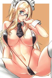  1girl areola_slip bikini black_bikini black_necktie blonde_hair blue_eyes blush breasts covered_erect_nipples detached_collar female_focus glasses highres large_breasts long_hair looking_at_viewer maid maid_bikini maid_headdress navel necktie original outside_border parted_lips simple_background slingshot_swimsuit solo striped_necktie striped_neckwear swimsuit takamura_wamu thighhighs unconventional_maid white_thighhighs wrist_cuffs  rating:Questionable score:55 user:Marcerner