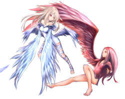  2girls bandages barefoot blonde_hair breasts cleavage closed_mouth female_focus ise_(pixiv2136520) leotard long_hair long_sleeves multiple_girls original red_eyes red_hair simple_background straight_hair white_background wings 