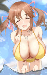  1girl absurdres bent_over bikini blue_sky blush bracelet breasts brown_hair cleavage closed_eyes cloud cloudy_sky day hanging_breasts heart heart_necklace highres huge_breasts idolmaster idolmaster_cinderella_girls jewelry large_breasts necklace ocean open_mouth outdoors palm_tree partially_submerged sky smile solo swimsuit totoki_airi tree twintails yellow_bikini zhi_(papercraft8559) 