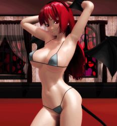  1girl 3d animated animated_gif armpits arms_up bat_wings bikini bouncing_breasts breasts dancing demon_girl female_focus head_wings koakuma large_breasts long_hair lowres matching_hair/eyes me!me!me! micro_bikini mikumikudance_(medium) parody red_eyes red_hair solo source_request swimsuit touhou wings  rating:Questionable score:76 user:Thesushi