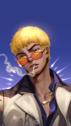  1boy arabic_commentary blonde_hair blue_background blue_shirt cigarette close-up collared_shirt commentary_request commission earrings great_teacher_onizuka highres jacket jewelry looking_to_the_side male_focus milktea_tq necklace onizuka_eikichi shirt short_hair smoke solo sunglasses upper_body white_jacket 