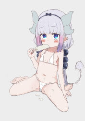  1girl absurdres barefoot beads bikini blue_eyes blunt_bangs blush breasts dragon_girl dragon_horns eating eyebrows feet female female_focus flat_chest food full_body grey_background hair_beads hair_ornament hairband highres holding horns ice_cream jaggy_lines kanna_kamui kobayashi-san_chi_no_maidragon limited_visibility loli long_hair looking_at_viewer low_twintails micro_bikini monster_girl multicolored_hair navel original popsicle pu_punio simple_background sitting sketch small_breasts solo spread_legs swimsuit tail twintails wariza white_background white_bikini white_hair white_swimsuit ぷにお  rating:Questionable score:26 user:Zakaz