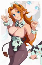  1girl animal_ears animal_print blue_eyes bow bowtie breasts cleavage cow cow_ears cow_print cow_tail large_breasts leotard malon milkmountain nintendo orange_hair pantyhose playboy_bunny tail the_legend_of_zelda the_legend_of_zelda:_ocarina_of_time 