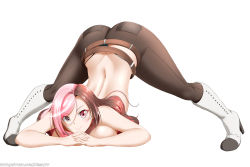  1girl ass bent_over boots breasts brown_eyes brown_hair brown_pants butt_crack heterochromia high_heel_boots high_heels highres jack-o&#039;_challenge kimmy77 long_hair looking_at_viewer multicolored_hair neo_politan pants pink_eyes pink_hair rwby smile solo thong watermark web_address white_background  rating:Sensitive score:68 user:Morgan02