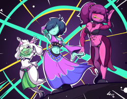  1boy 1girl 1other abs androgynous bare_shoulders belly_dancer blue_hair blush bracelet bracer breasts cleavage colored_skin crossdressing curvy dancer dancing deltarune detached_sleeves dinosaur earrings fishnets glasses goat goat_boy green_loincloth harem_outfit horns jewelry kris_(deltarune) midriff mouth_veil multiple_boys muscular muscular_female omegaluxifer open_mouth purple_hair ralsei skirt strapless susie_(deltarune) tail thick_thighs thighs tube_top veil  rating:Questionable score:37 user:accountnumber102