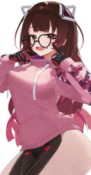  1girl absurdres android black-framed_eyewear breasts brown_eyes brown_hair camouflage_trim commentary d4kou16 highres hololive hood hoodie large_breasts long_hair looking_at_viewer mechanical_arms mechanical_legs no_pants official_alternate_costume open_mouth pink_hoodie pointing pointing_at_self roboco-san roboco-san_(hoodie) simple_background smile solo symbol-only_commentary teardrop-framed_glasses thighs upper_body virtual_youtuber white_background 