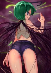  1girl absurdres antennae arthropod_girl ass blue_eyes blush commentary_request cowboy_shot fingernails from_behind green_hair grey_shirt highres insect_wings looking_at_viewer morph426 open_mouth purple_shorts shiny_skin shirt short_hair short_shorts shorts sleeveless sleeveless_shirt smile solo touhou wings wings_through_clothes wriggle_nightbug 