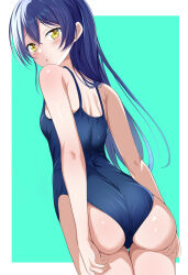  1girl absurdres aqua_background ass ass_support back blue_hair blue_one-piece_swimsuit blush borgbutler breasts commentary_request cowboy_shot dutch_angle from_behind highres long_hair looking_at_viewer looking_back love_live! love_live!_school_idol_project medium_breasts one-piece_swimsuit parted_lips partial_commentary school_swimsuit simple_background solo sonoda_umi standing swimsuit thighs yellow_eyes 