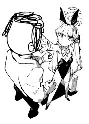 1boy 1girl animal_ears blue_archive bow bowtie breasts briefcase closed_mouth doodle_sensei_(blue_archive) fake_animal_ears fake_tail full_body greyscale halo holding holding_briefcase ireading leotard long_hair monochrome pants playboy_bunny rabbit_ears rabbit_tail sensei_(blue_archive) shirt shoes simple_background sleeves_past_wrists standing tail thighhighs toki_(blue_archive) toki_(bunny)_(blue_archive) 