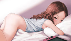 1girl ass bare_shoulders bed_sheet blush bottomless breasts brown_eyes brown_hair closed_mouth come_hither controller game_controller handheld_game_console hugging_object kuroshiro00 loli long_hair looking_at_viewer lying naughty_face nintendo nintendo_switch on_stomach original parted_bangs pillow pillow_hug seductive_smile small_breasts smile solo thighs uncensored  rating:Questionable score:1121 user:danbooru